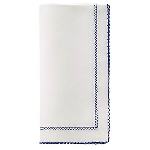 Bodrum Picot Off-White and Navy Blue Linen Napkins - Set of 4